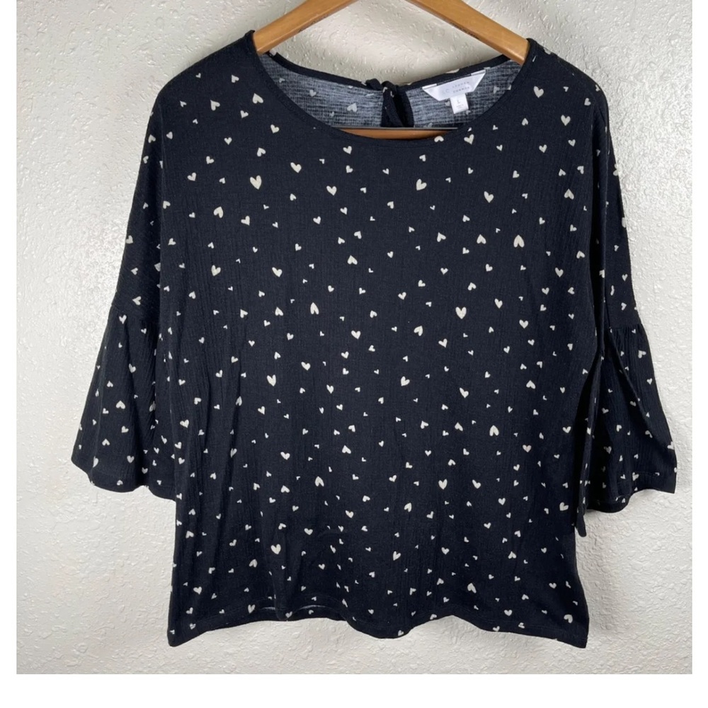 LC Lauren Conrad Top Womens Large Black Ivory Heart Print 3/4 Bell Sleeve